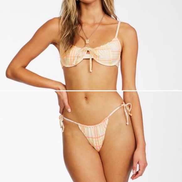Billabong ☀️ Plaid Pink + Yellow Tropical Underwire Bikini Top | Tie Side Bottom - Picture 4 of 16